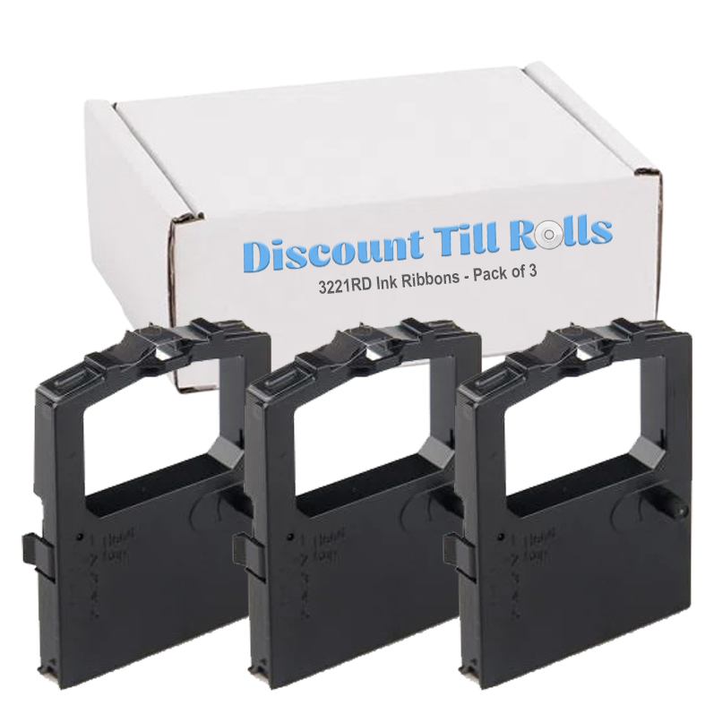 Three black oki ribbon spindles in front of a white box labeled 'Discount Till Rolls 3221RD Oki Ink Ribbons - Pack of 3' on a white background.