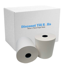 Two white paper till rolls displayed in front of a white cardboard box labeled 'Discount Till Rolls 76mm x 76mm Paper Rolls' on a white background.