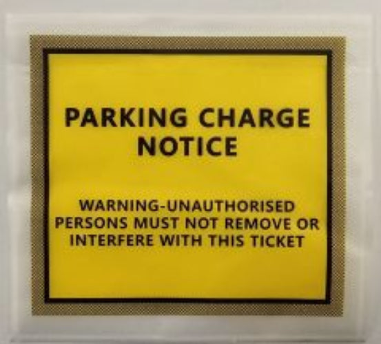A square yellow parking notice ticket with black text reading 'PARKING CHARGE NOTICE' and a warning that unauthorized persons must not remove or interfere with the ticket, shown against a light background.